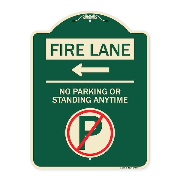 Fire Lane No Parking or Standing Anytime Heavy-Gauge Aluminum Sign, 24" x 18", G-1824-24008